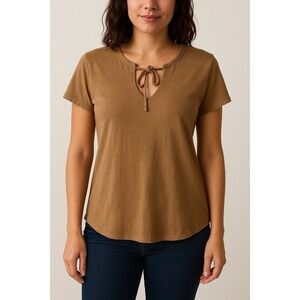 Sundance brown cotton linen tissue t-shirt deep tied v-neck cap sleeves Medium